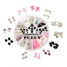 PUEEN 3D Nail Charms Wheel of 24pcs Resin & Alloy Rhinestones Nail Art Decoration Bow Flower DIY for Nails & Cell