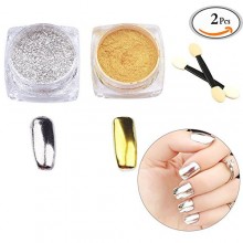 Travelmall 2 Box 2g Gold &amp; Silver Mirror Poudre Pigment Nail Glitter Nail Art Chrome avec des brosses à ongles gratuites