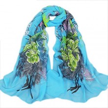Peacock Feather Printing Scarf Women Girl Shawl Chiffon Scarves Christmas Gift Idea (Blue)